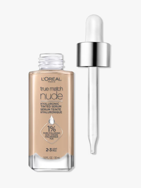 L’Oréal Paris True Match Nude Hyaluronic Tinted Serum in branded dropper component on a light gray background