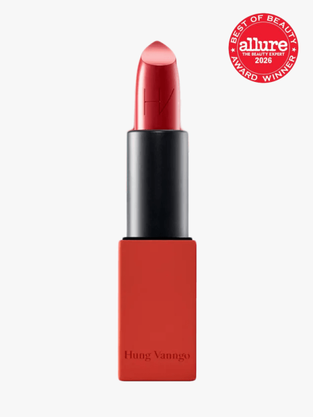 Hung Vanngo Beauty Creamy Matte Lipstick in New York Red in branded component on a light gray background with 2026 best of beauty seal in the top right corner